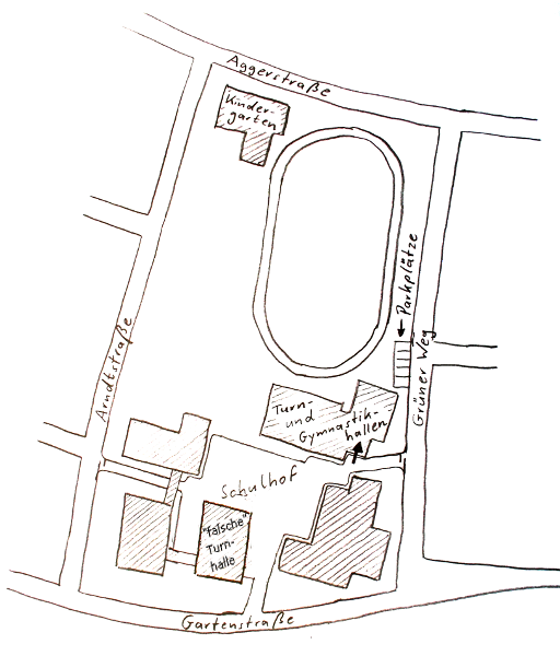 Wegbeschreibung: Gel&auml;nde der Rudolf-Dreikurs-Schule und Zugang zur Gymnastikhalle